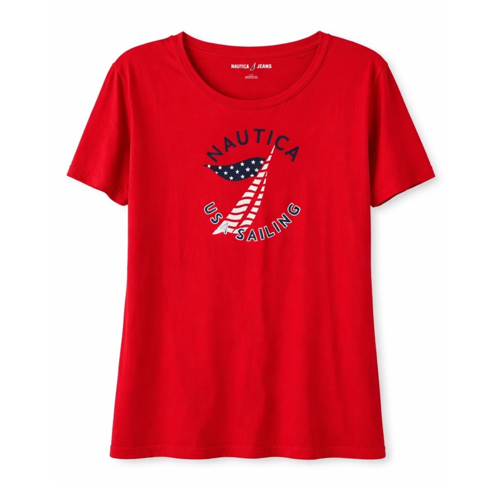 Nautica Jeans Co Womens Red USA Sailing Graphic T-Shirt Large
